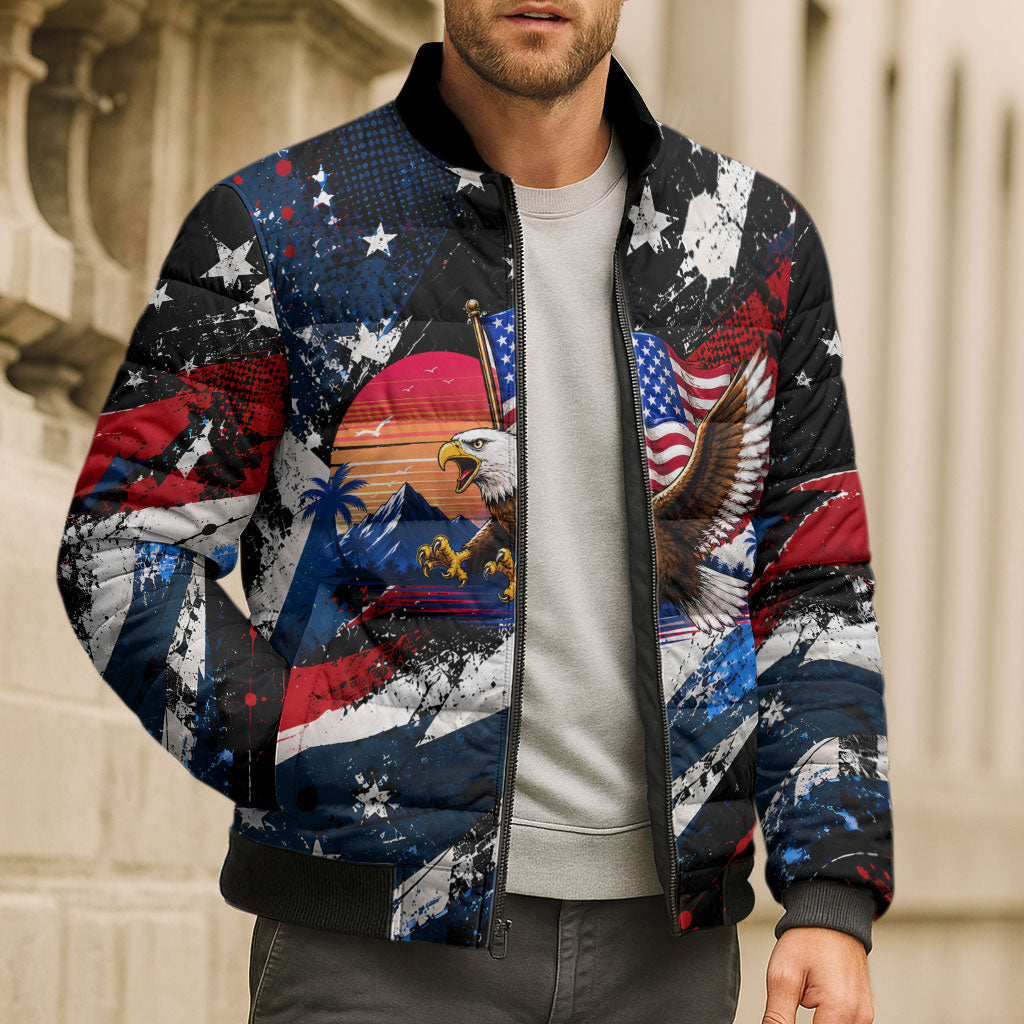 4th Of July WTF Is A Kilometer Patriotic Eagle Bomber Puffer Jacket American Flag George Washington