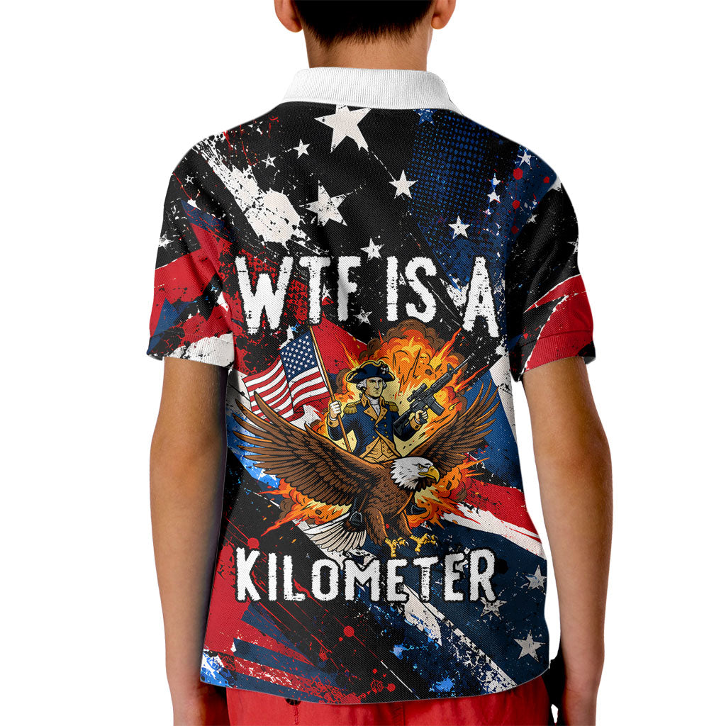 4th Of July WTF Is A Kilometer Patriotic Eagle Kid Polo Shirt American Flag George Washington