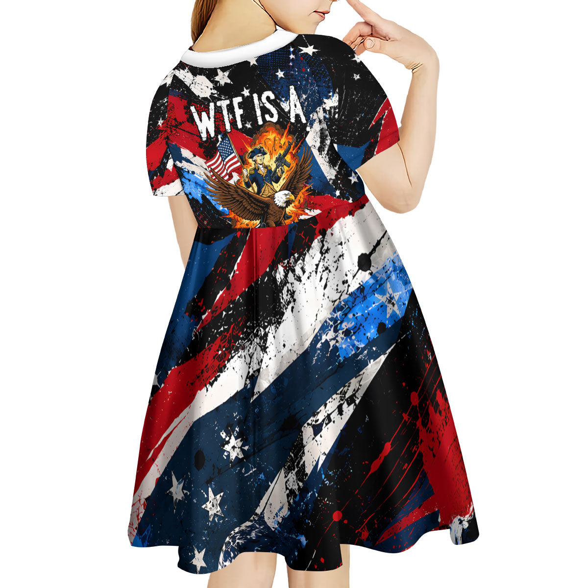 4th Of July WTF Is A Kilometer Patriotic Eagle Kid Short Sleeve Dress American Flag George Washington