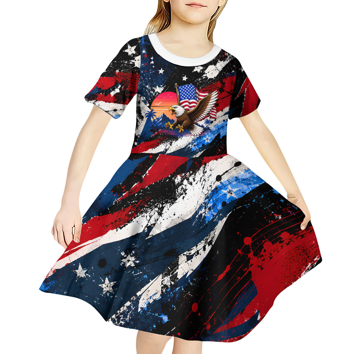 4th Of July WTF Is A Kilometer Patriotic Eagle Kid Short Sleeve Dress American Flag George Washington