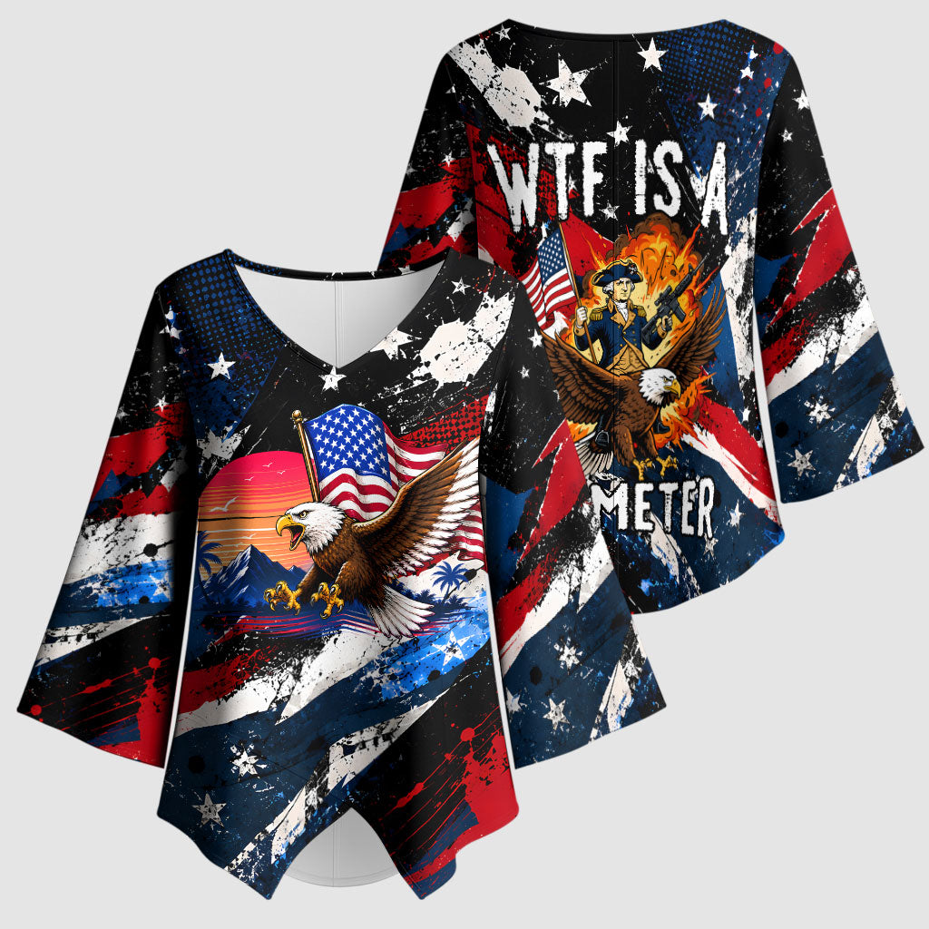 4th Of July WTF Is A Kilometer Patriotic Eagle Kimono Sleeve Blouse American Flag George Washington