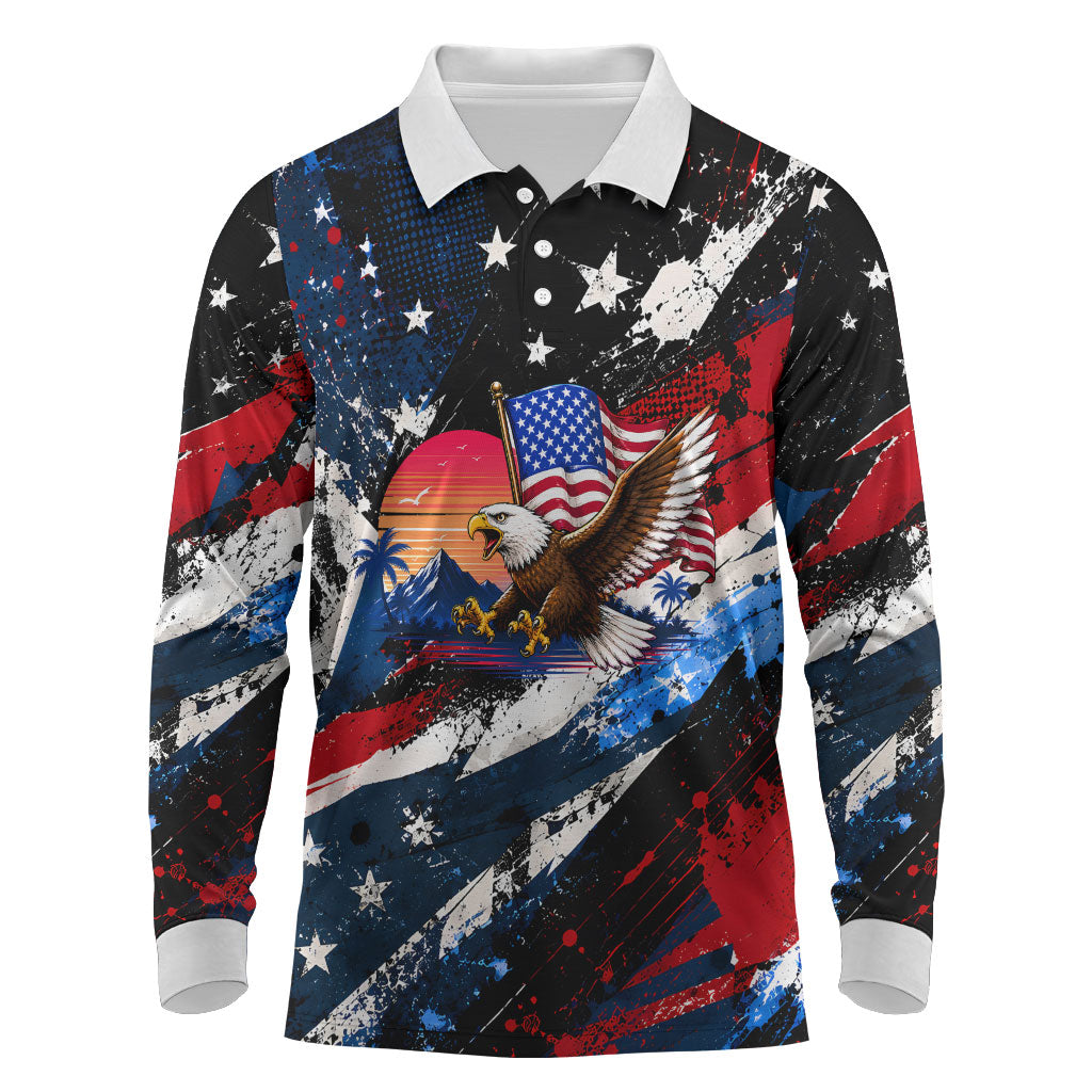 4th Of July WTF Is A Kilometer Patriotic Eagle Long Sleeve Polo Shirt American Flag George Washington