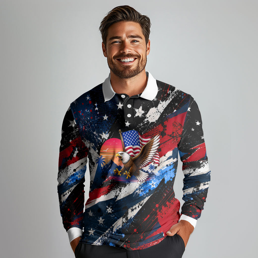 4th Of July WTF Is A Kilometer Patriotic Eagle Long Sleeve Polo Shirt American Flag George Washington