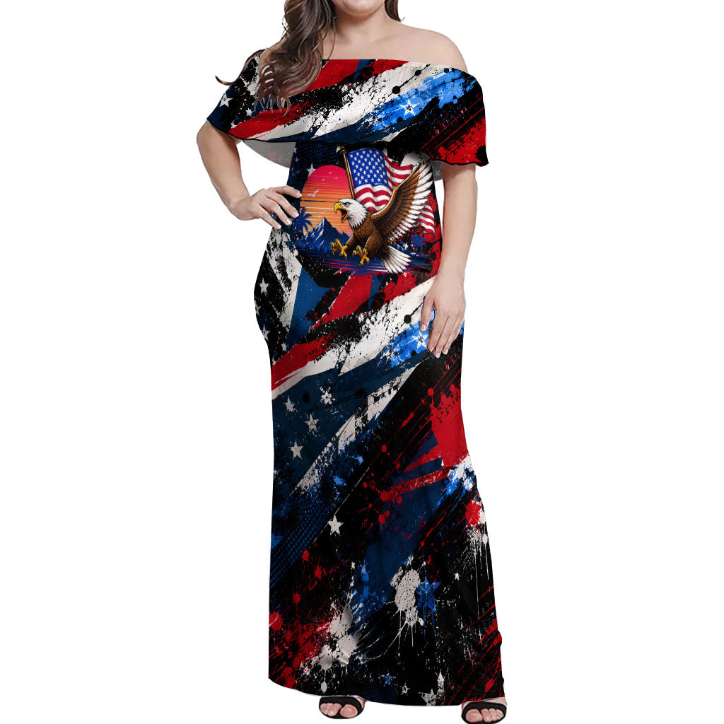 4th Of July WTF Is A Kilometer Patriotic Eagle Off Shoulder Maxi Dress American Flag George Washington