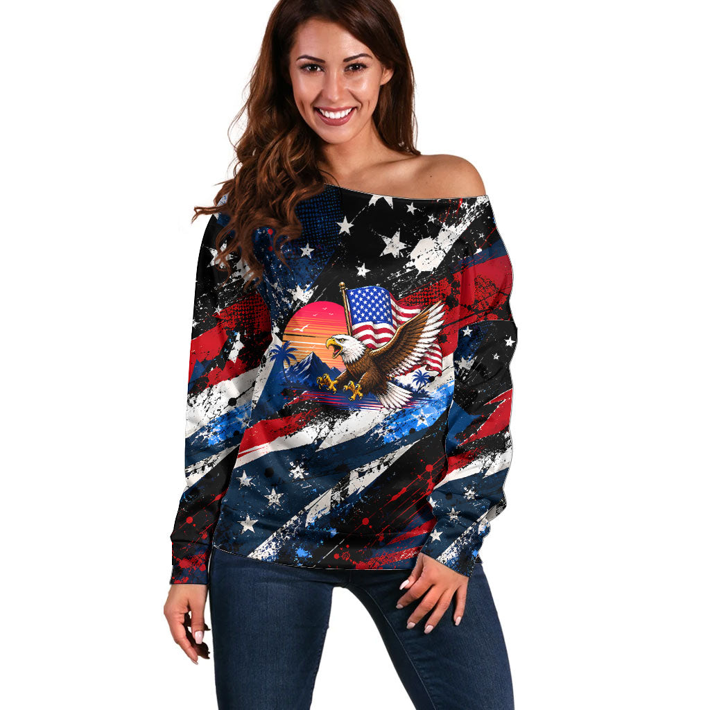 4th Of July WTF Is A Kilometer Patriotic Eagle Off Shoulder Sweater American Flag George Washington