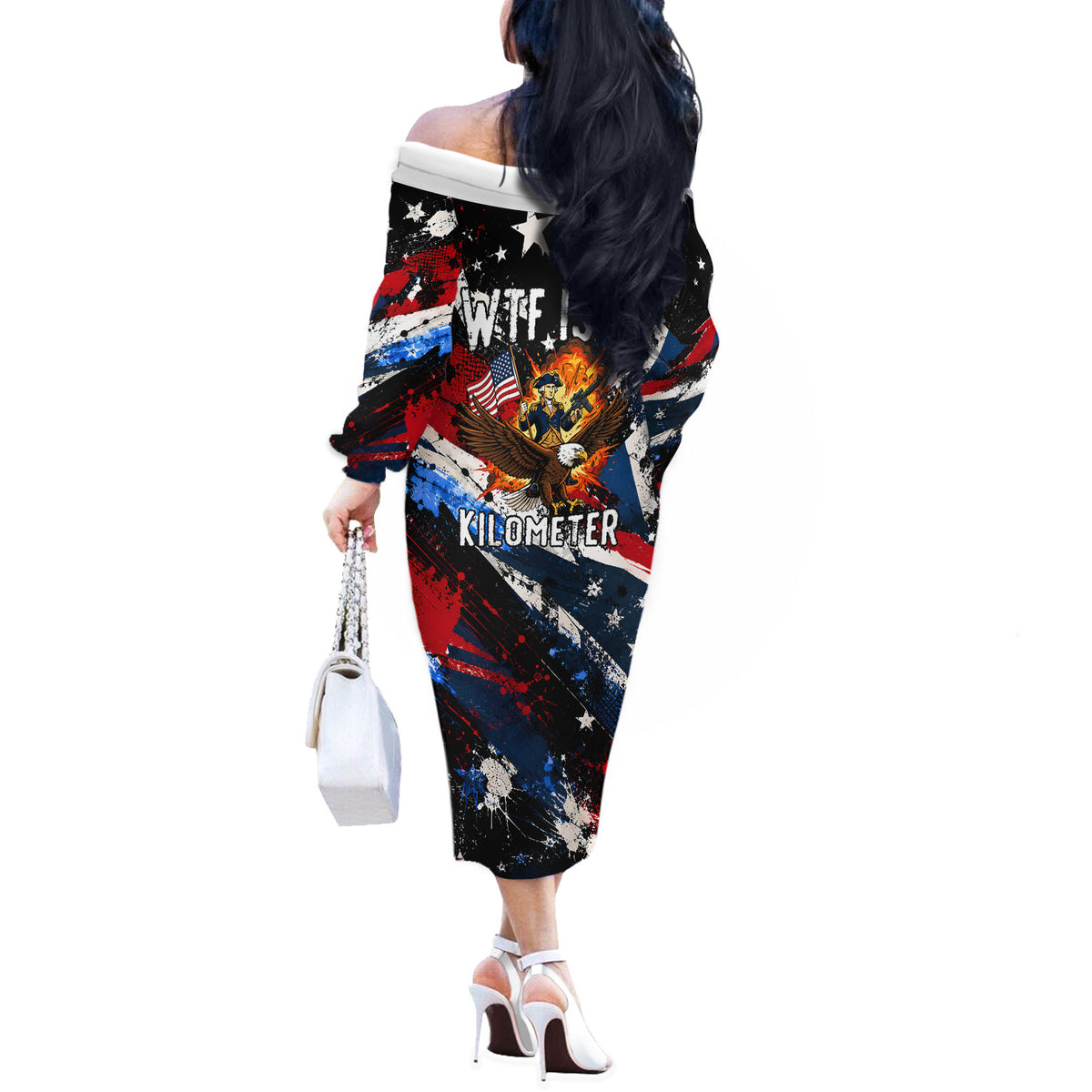 4th Of July WTF Is A Kilometer Patriotic Eagle Off The Shoulder Long Sleeve Dress American Flag George Washington
