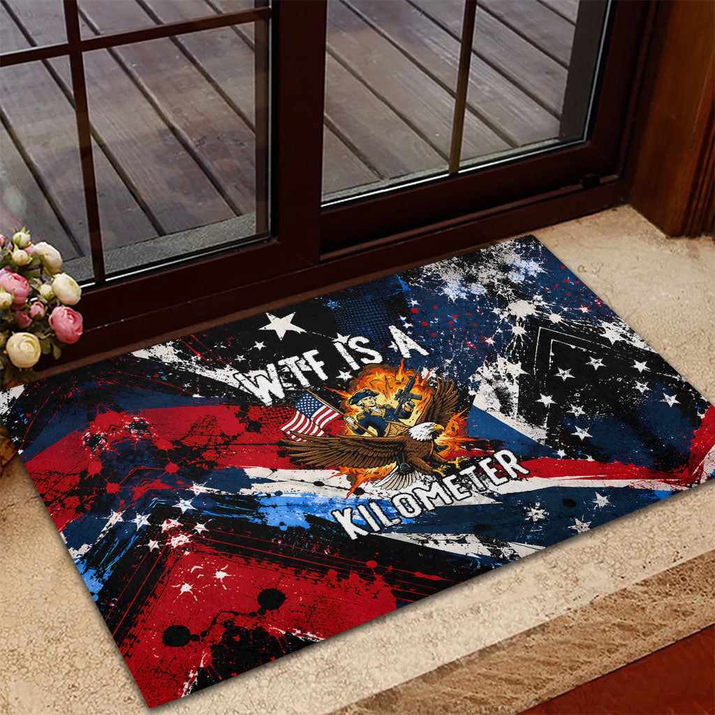 4th Of July WTF Is A Kilometer Patriotic Eagle Rubber Doormat American Flag George Washington