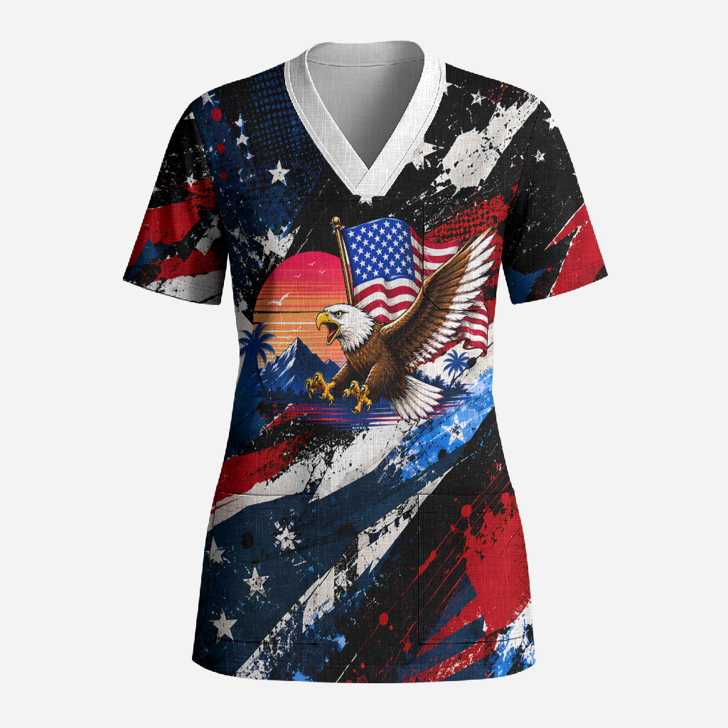 4th Of July WTF Is A Kilometer Patriotic Eagle Scrub Top American Flag George Washington
