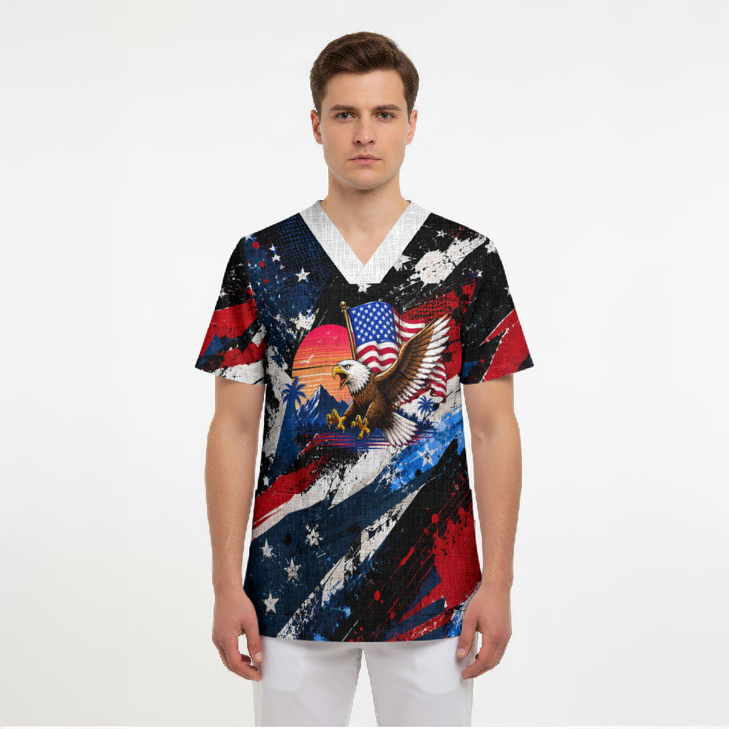 4th Of July WTF Is A Kilometer Patriotic Eagle Scrub Top American Flag George Washington