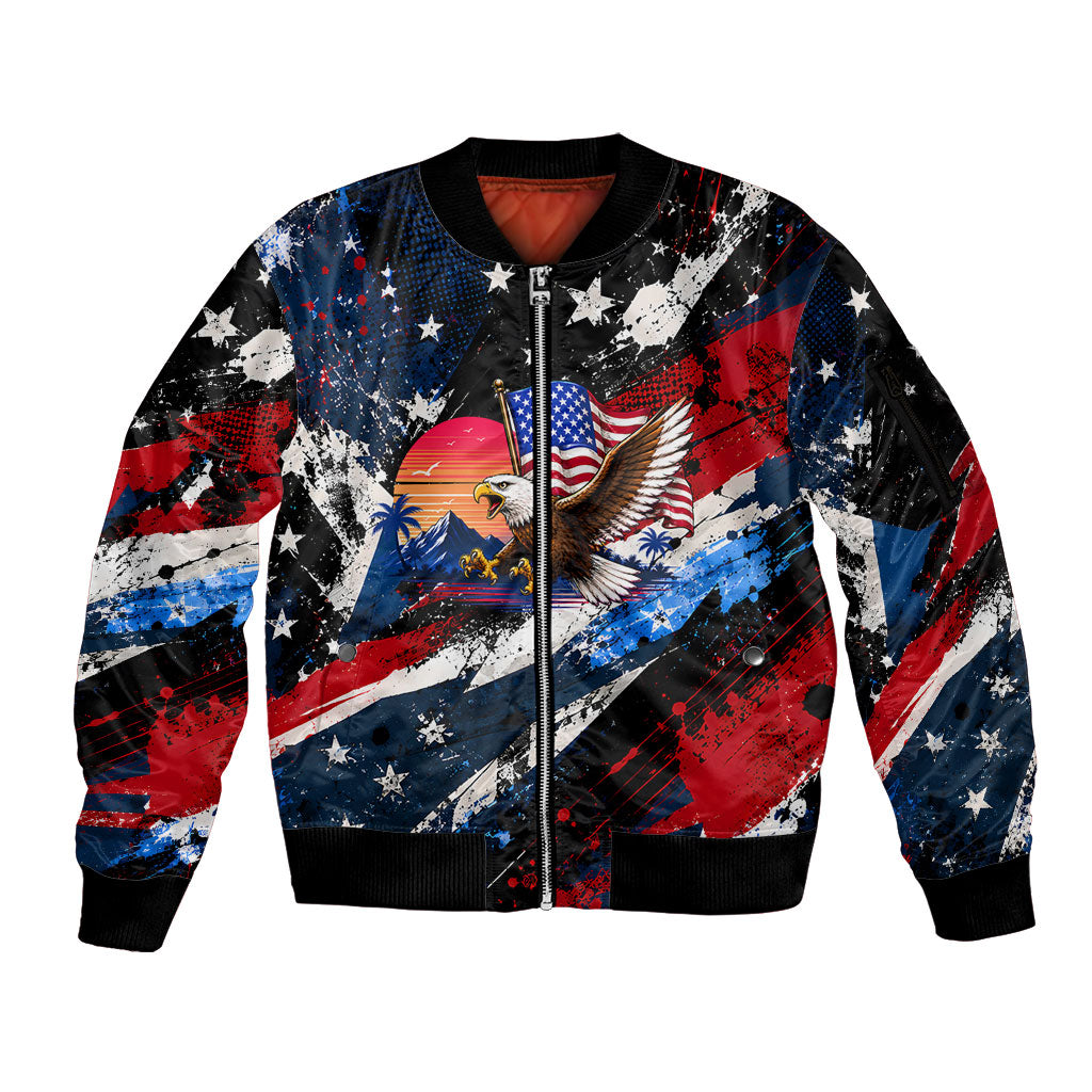 4th Of July WTF Is A Kilometer Patriotic Eagle Sleeve Zip Bomber Jacket American Flag George Washington