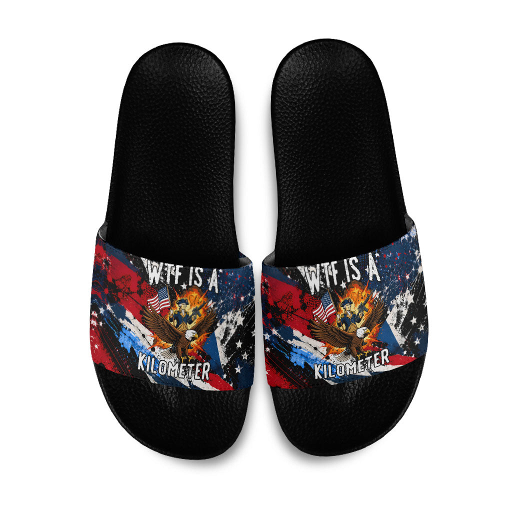 4th Of July WTF Is A Kilometer Patriotic Eagle Slide Sandals American Flag George Washington