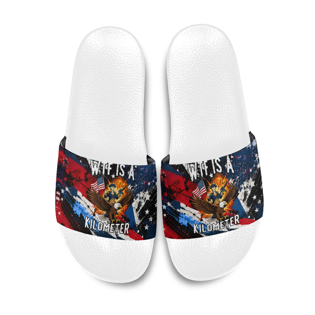 4th Of July WTF Is A Kilometer Patriotic Eagle Slide Sandals American Flag George Washington
