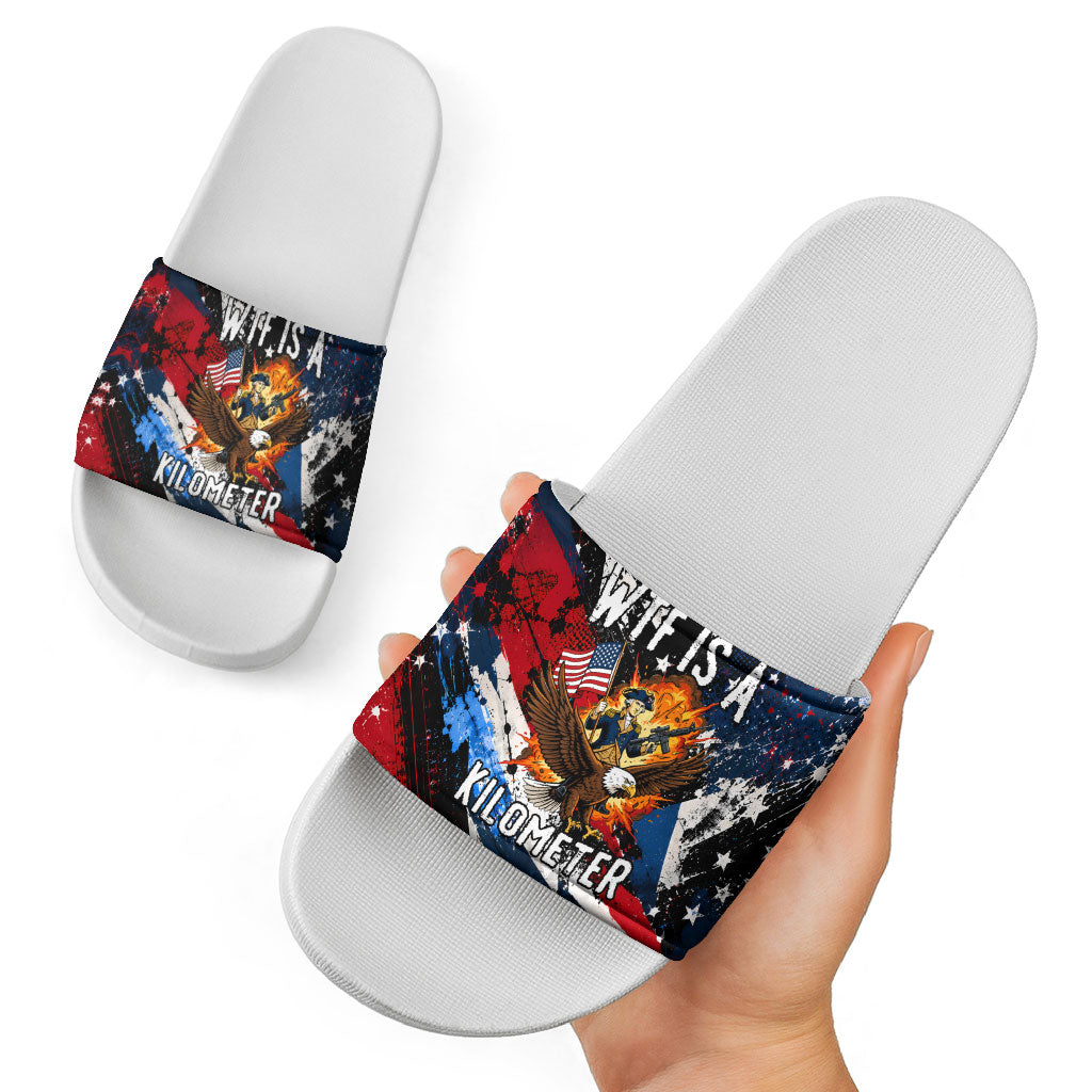 4th Of July WTF Is A Kilometer Patriotic Eagle Slide Sandals American Flag George Washington