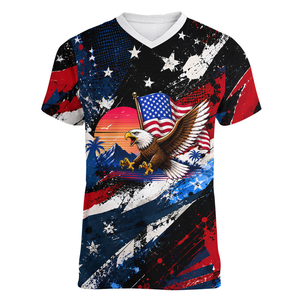 4th Of July WTF Is A Kilometer Patriotic Eagle Women V-Neck T-Shirt American Flag George Washington