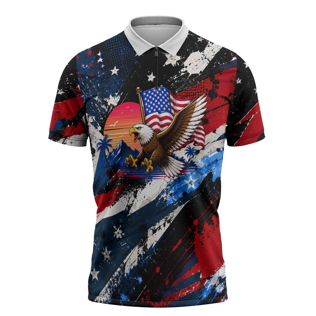 4th Of July WTF Is A Kilometer Patriotic Eagle Zipper Polo Shirt American Flag George Washington