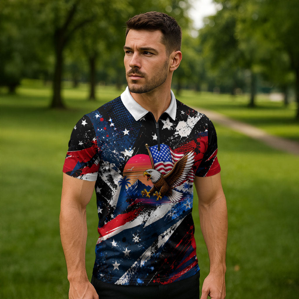 4th Of July WTF Is A Kilometer Patriotic Eagle Zipper Polo Shirt American Flag George Washington