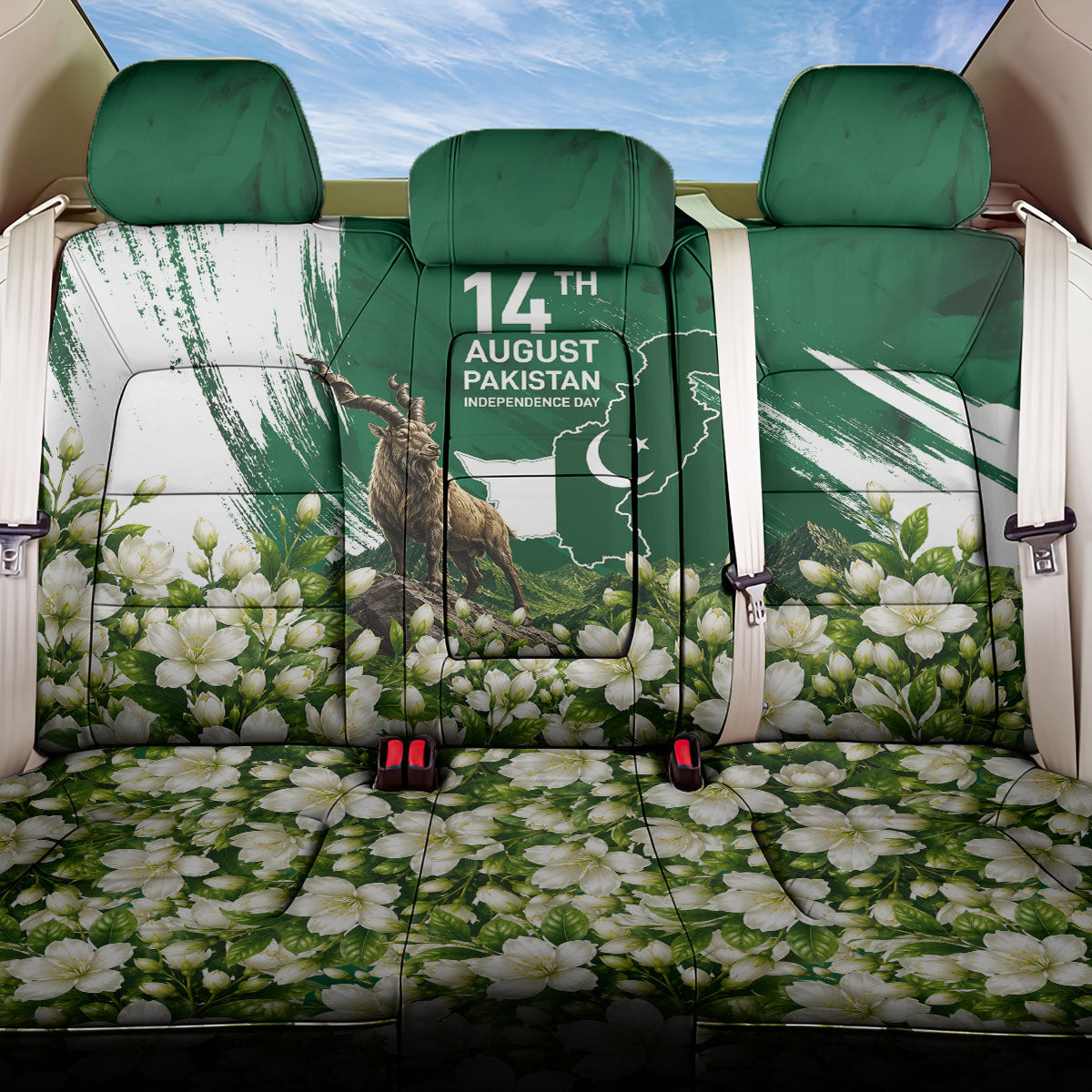 Pakistan Independence Day August 14 Back Car Seat Cover Patriotic Markhor Heritage Landmarks And Jasmine