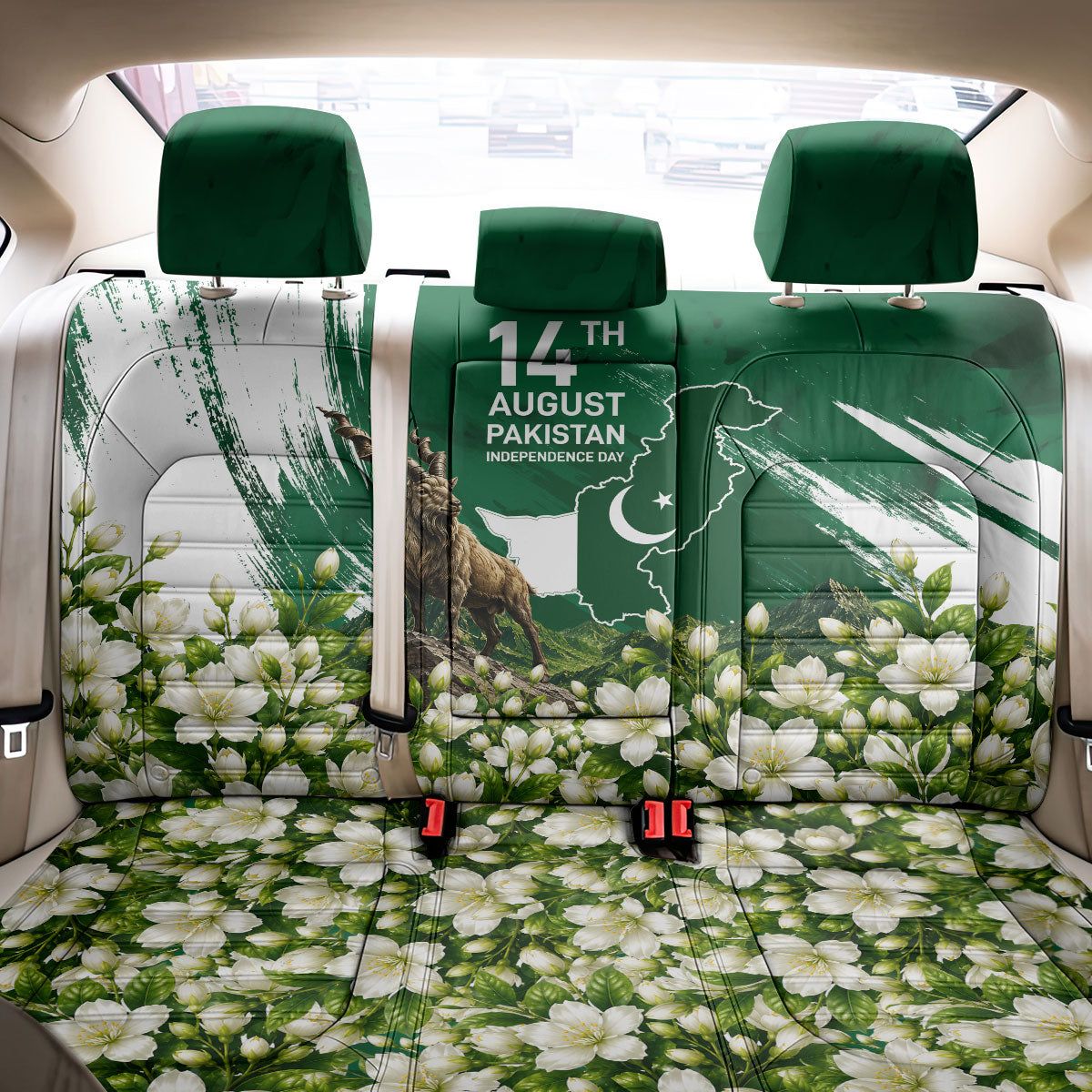 Pakistan Independence Day August 14 Back Car Seat Cover Patriotic Markhor Heritage Landmarks And Jasmine