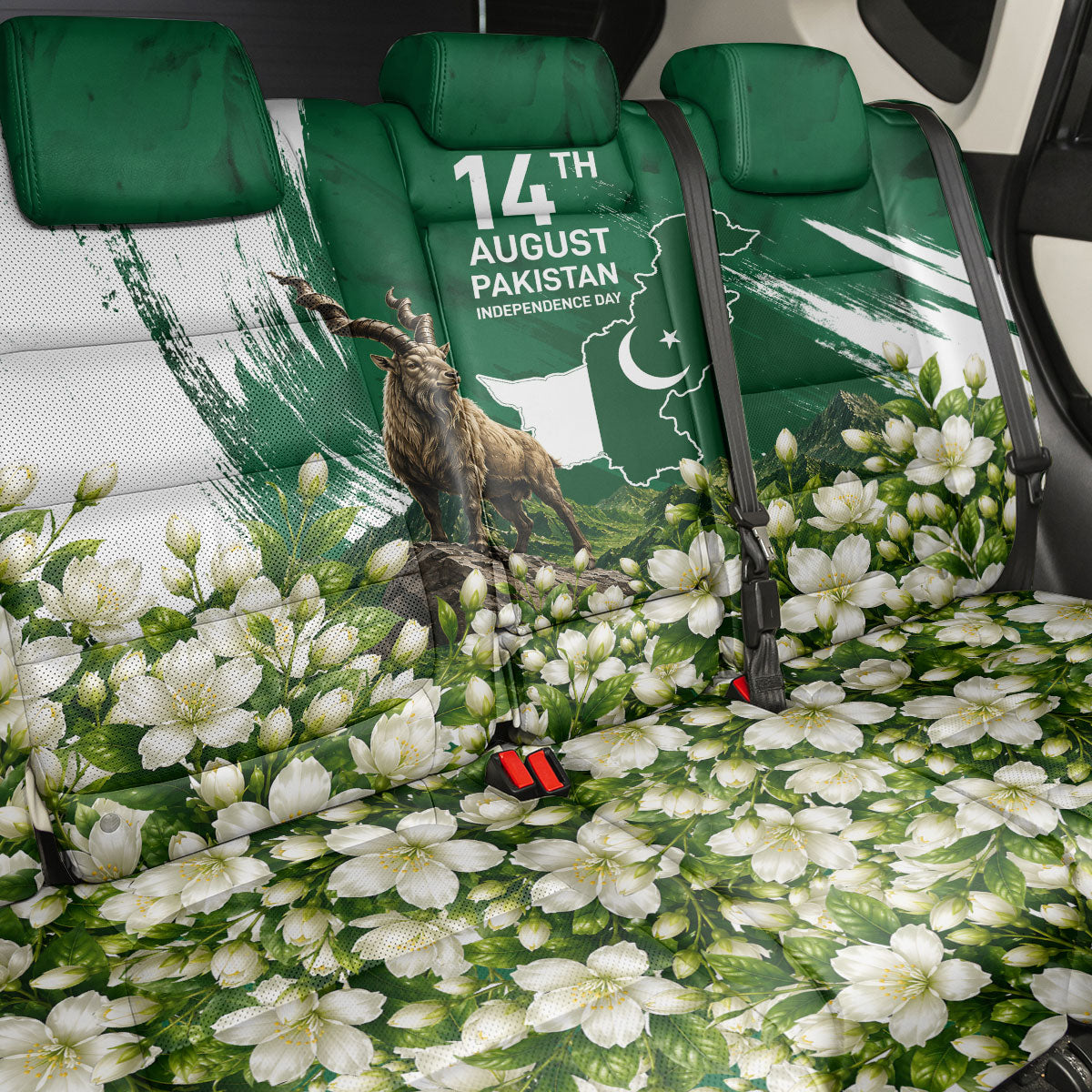 Pakistan Independence Day August 14 Back Car Seat Cover Patriotic Markhor Heritage Landmarks And Jasmine
