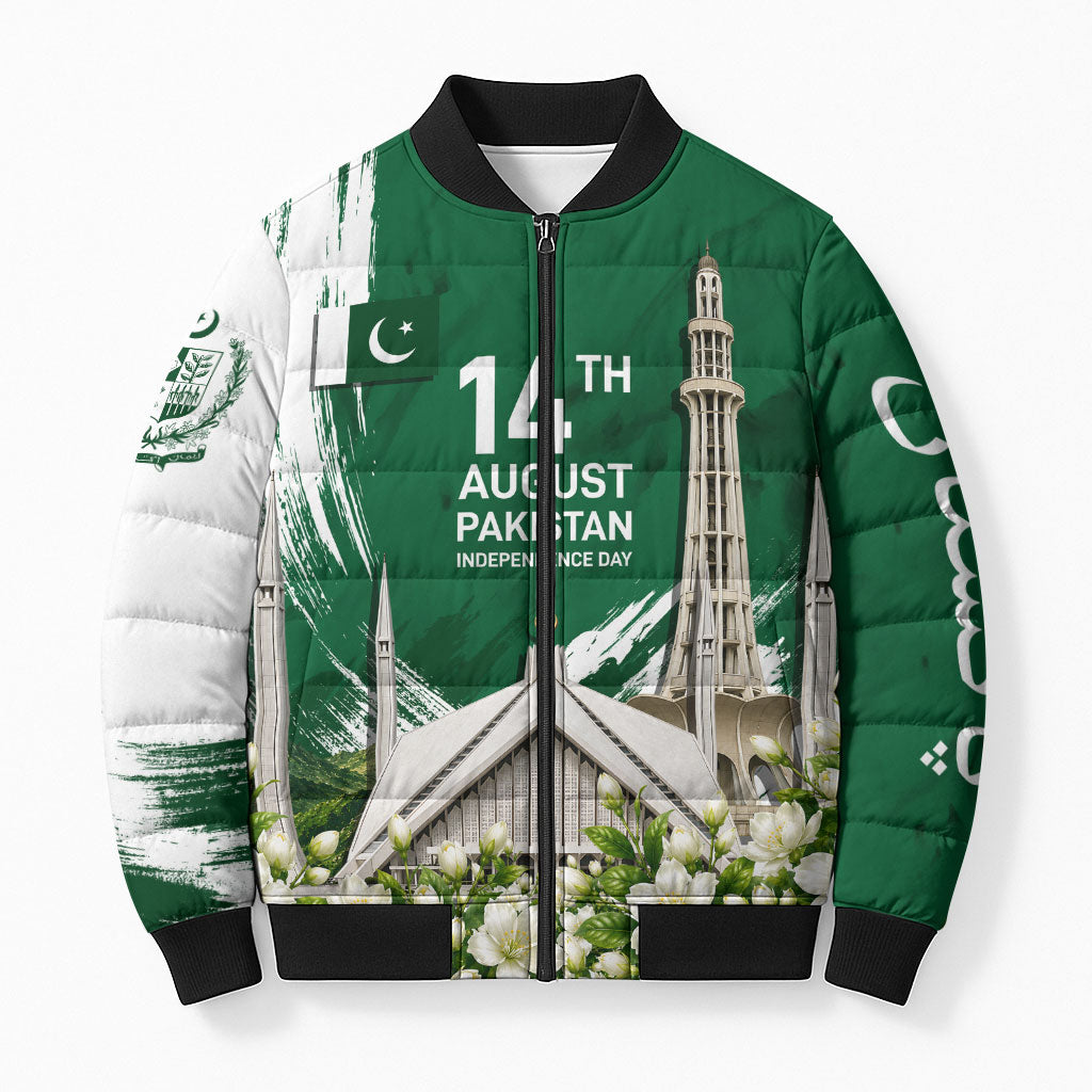 Pakistan Independence Day August 14 Bomber Puffer Jacket Patriotic Markhor Heritage Landmarks And Jasmine