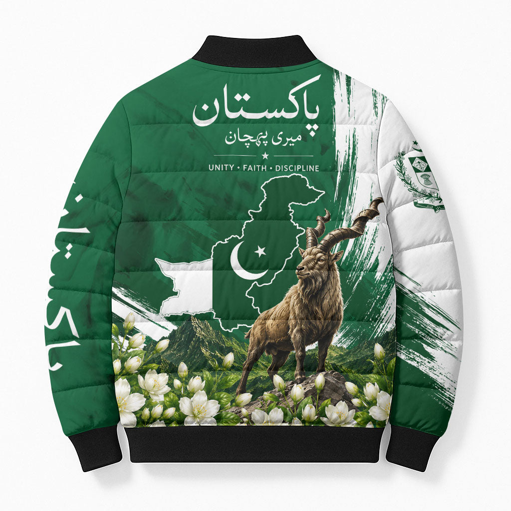 Pakistan Independence Day August 14 Bomber Puffer Jacket Patriotic Markhor Heritage Landmarks And Jasmine