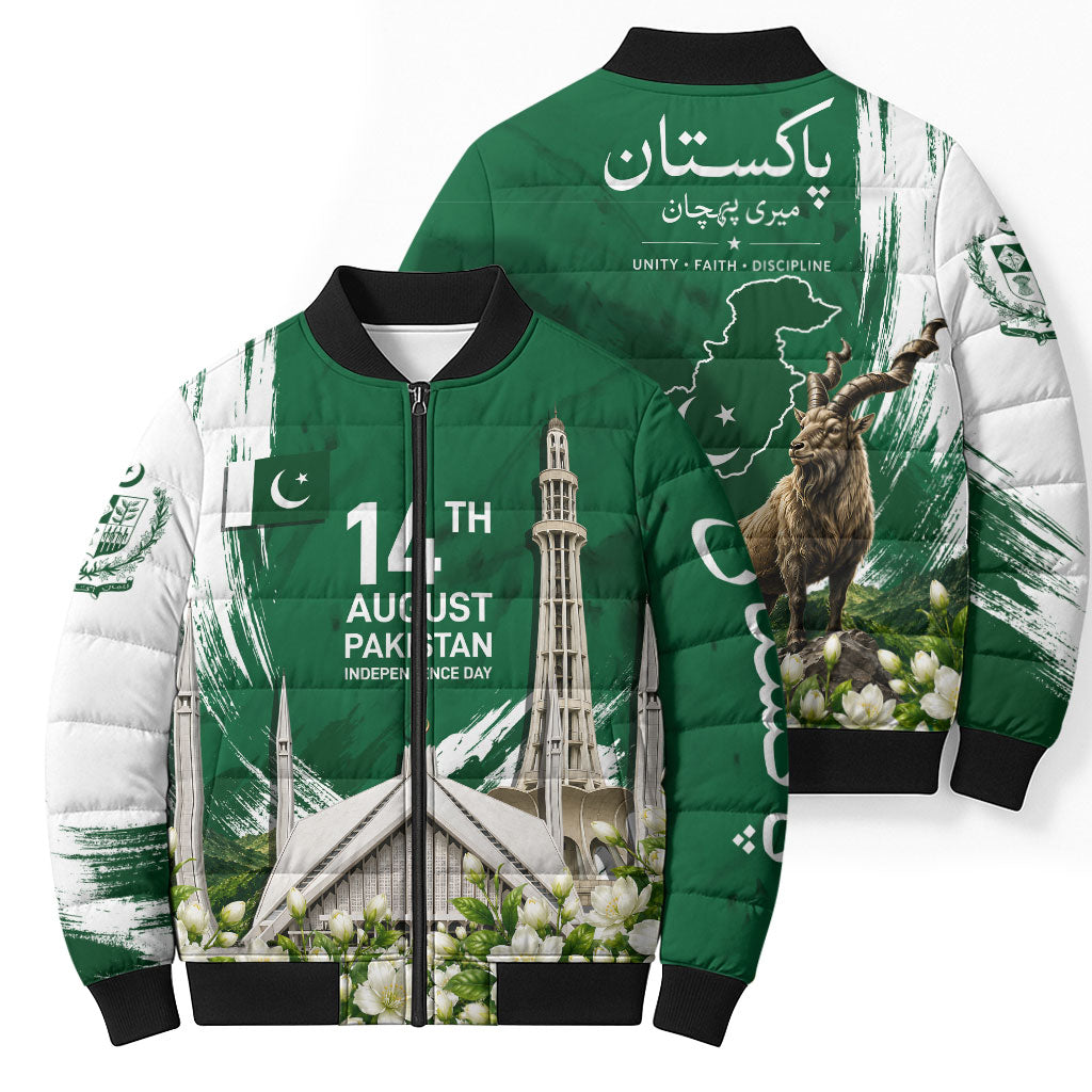 Pakistan Independence Day August 14 Bomber Puffer Jacket Patriotic Markhor Heritage Landmarks And Jasmine