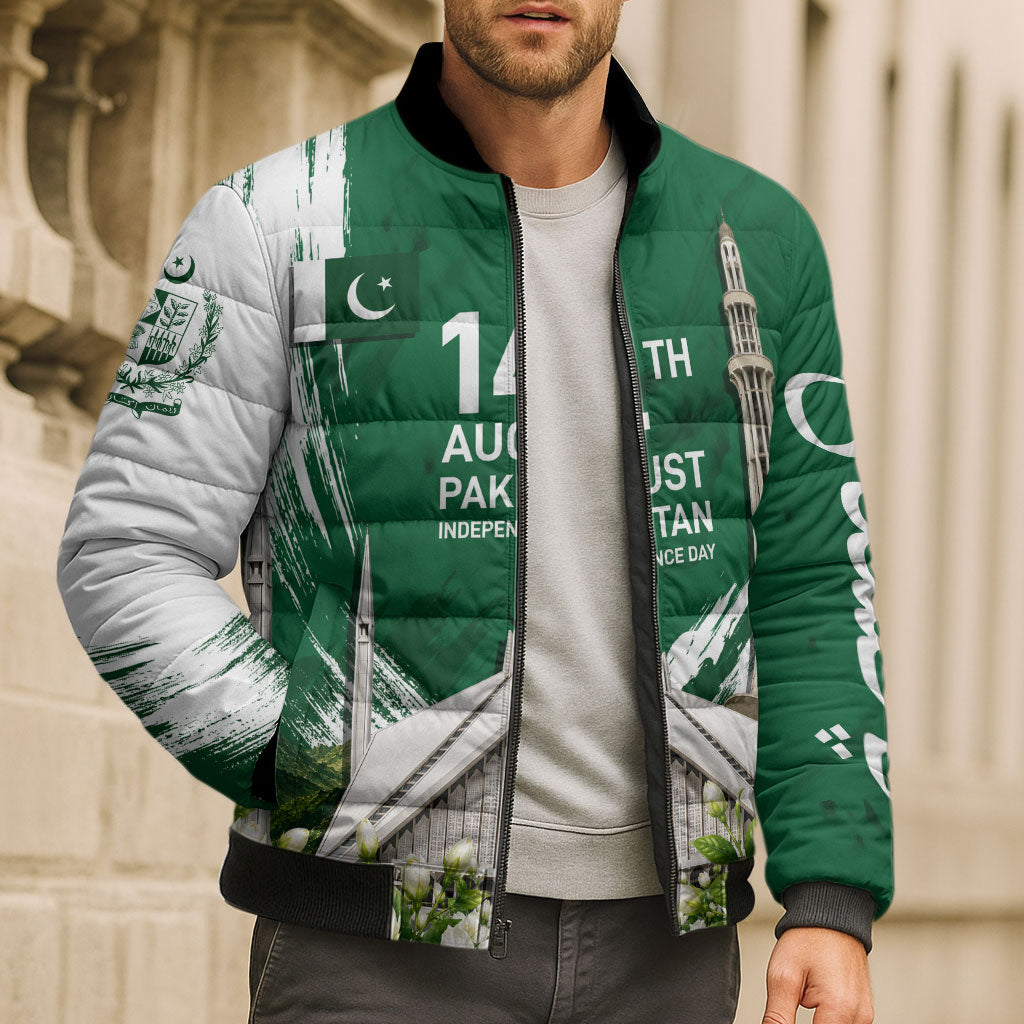 Pakistan Independence Day August 14 Bomber Puffer Jacket Patriotic Markhor Heritage Landmarks And Jasmine