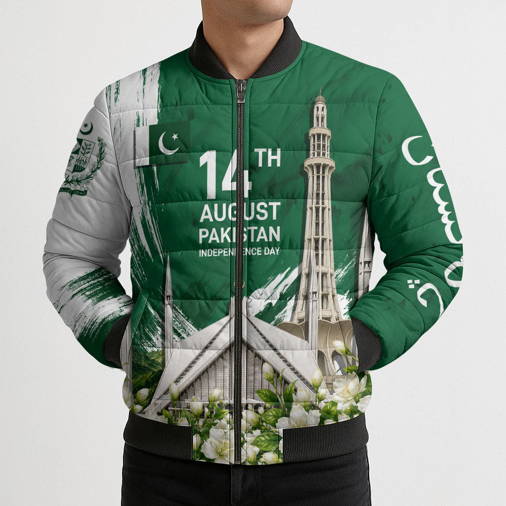 Pakistan Independence Day August 14 Bomber Puffer Jacket Patriotic Markhor Heritage Landmarks And Jasmine