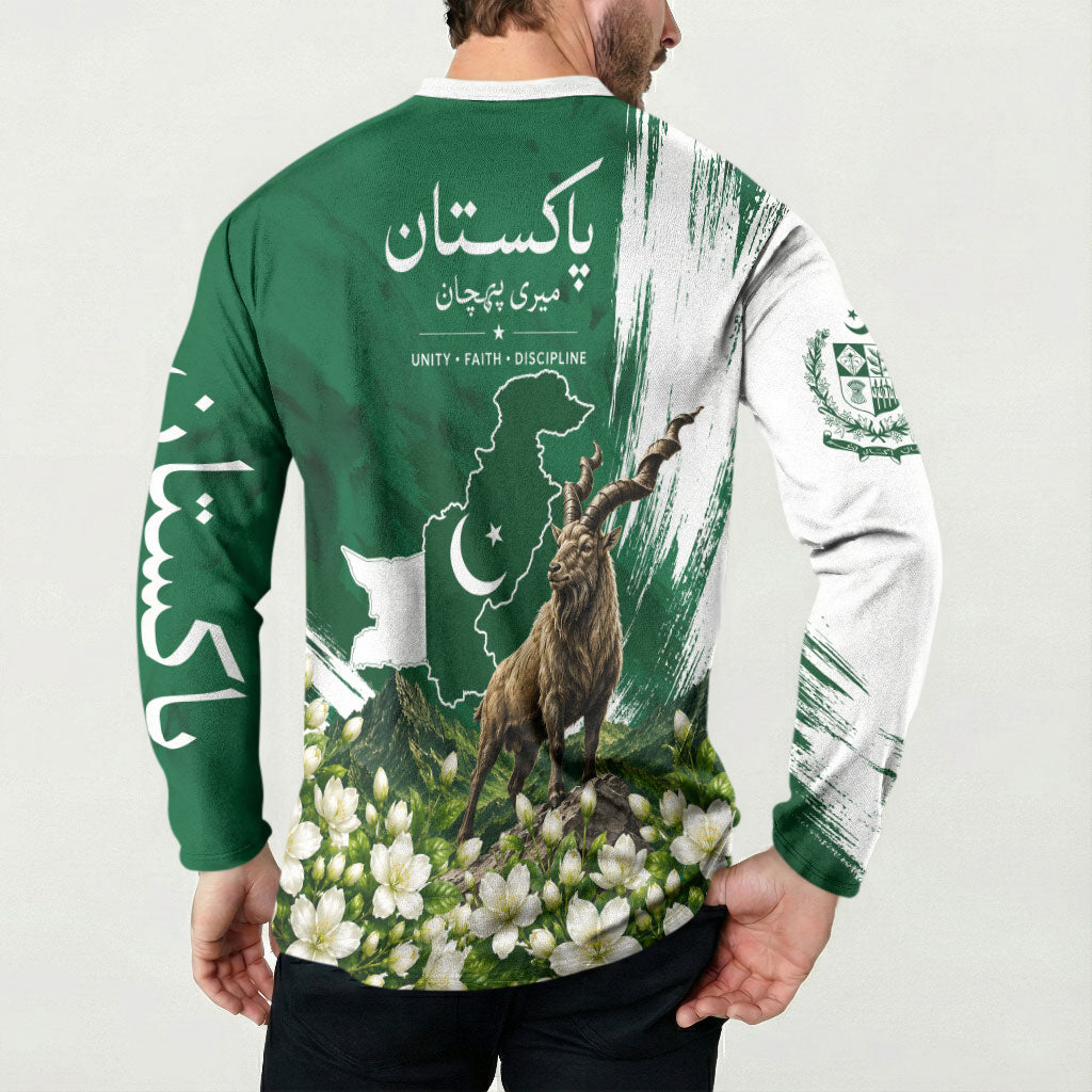 Pakistan Independence Day August 14 Button Sweatshirt Patriotic Markhor Heritage Landmarks And Jasmine