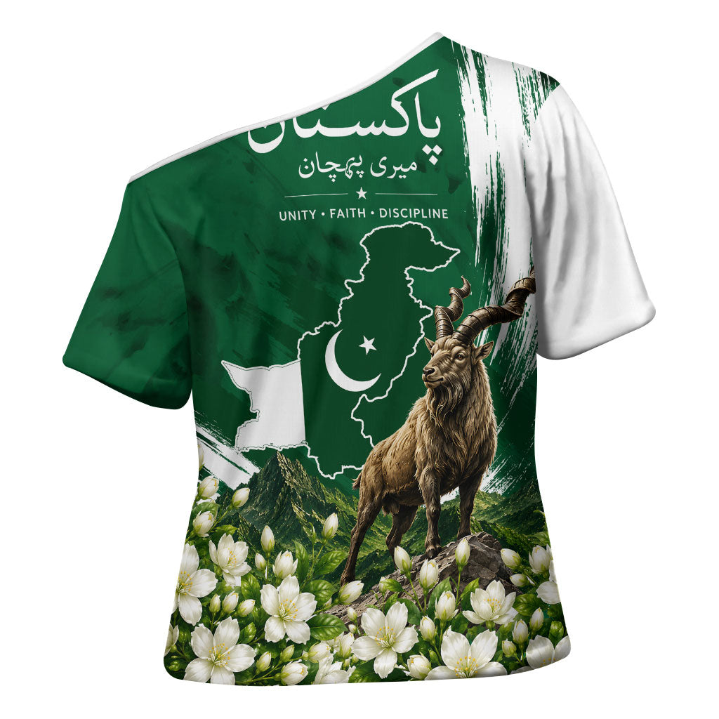 Pakistan Independence Day August 14 Cross Shoulder Shirt Patriotic Markhor Heritage Landmarks And Jasmine