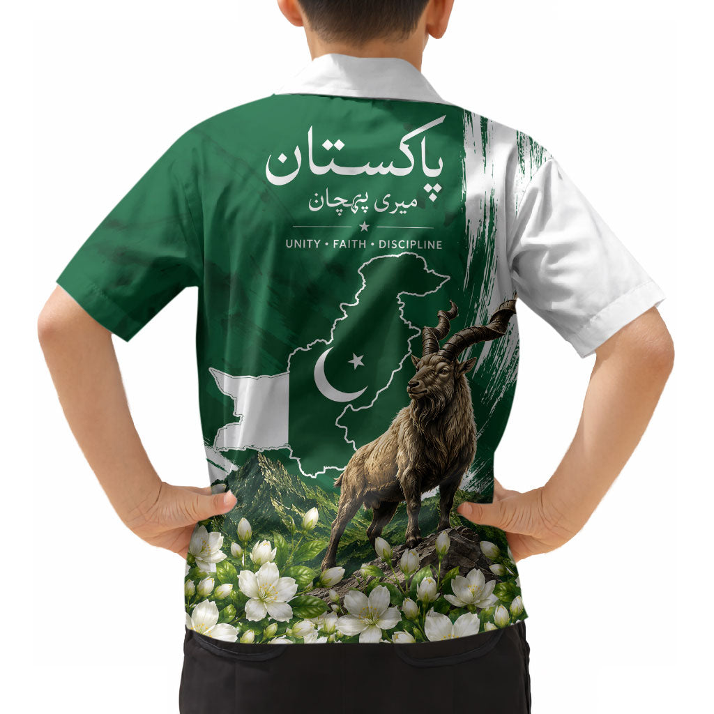 Pakistan Independence Day August 14 Kid Hawaiian Shirt Patriotic Markhor Heritage Landmarks And Jasmine