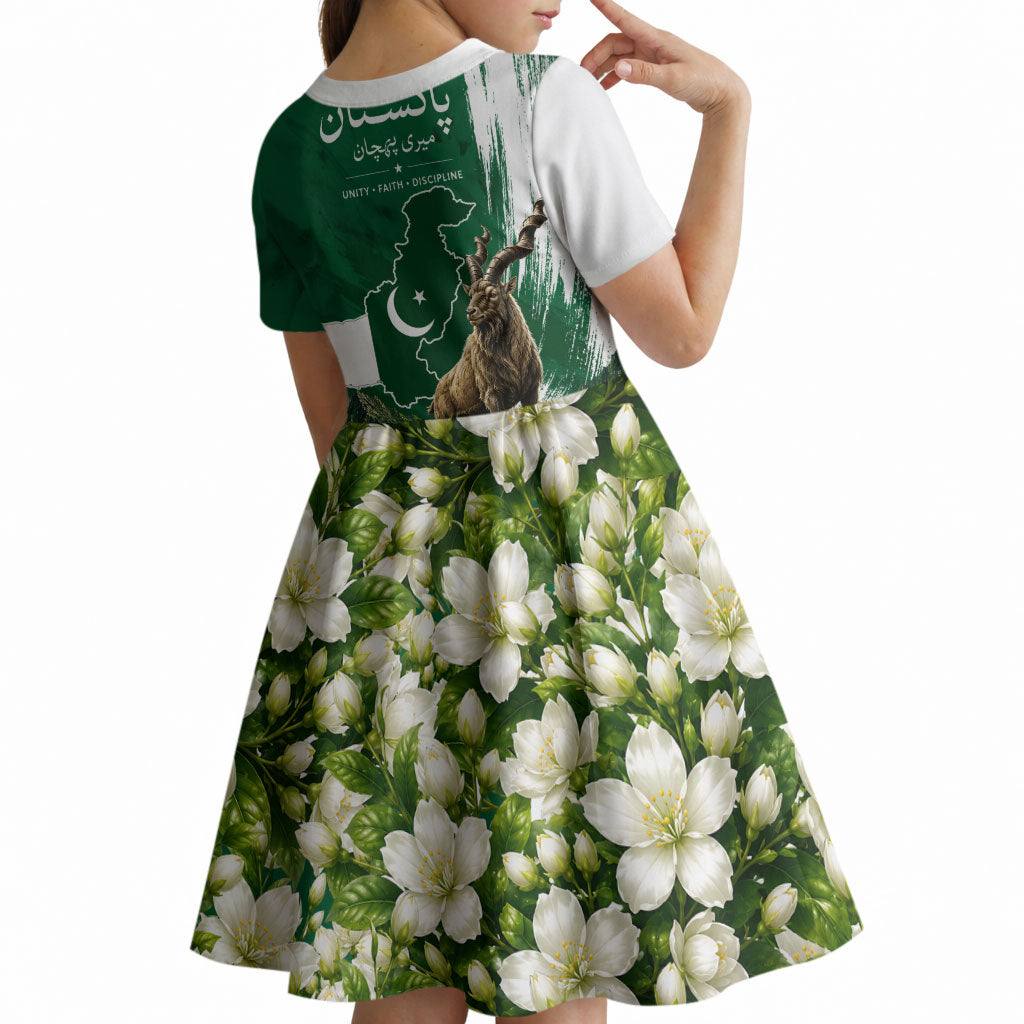 Pakistan Independence Day August 14 Kid Short Sleeve Dress Patriotic Markhor Heritage Landmarks And Jasmine