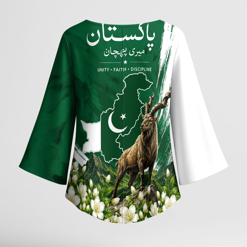 Pakistan Independence Day August 14 Kimono Sleeve Blouse Patriotic Markhor Heritage Landmarks And Jasmine