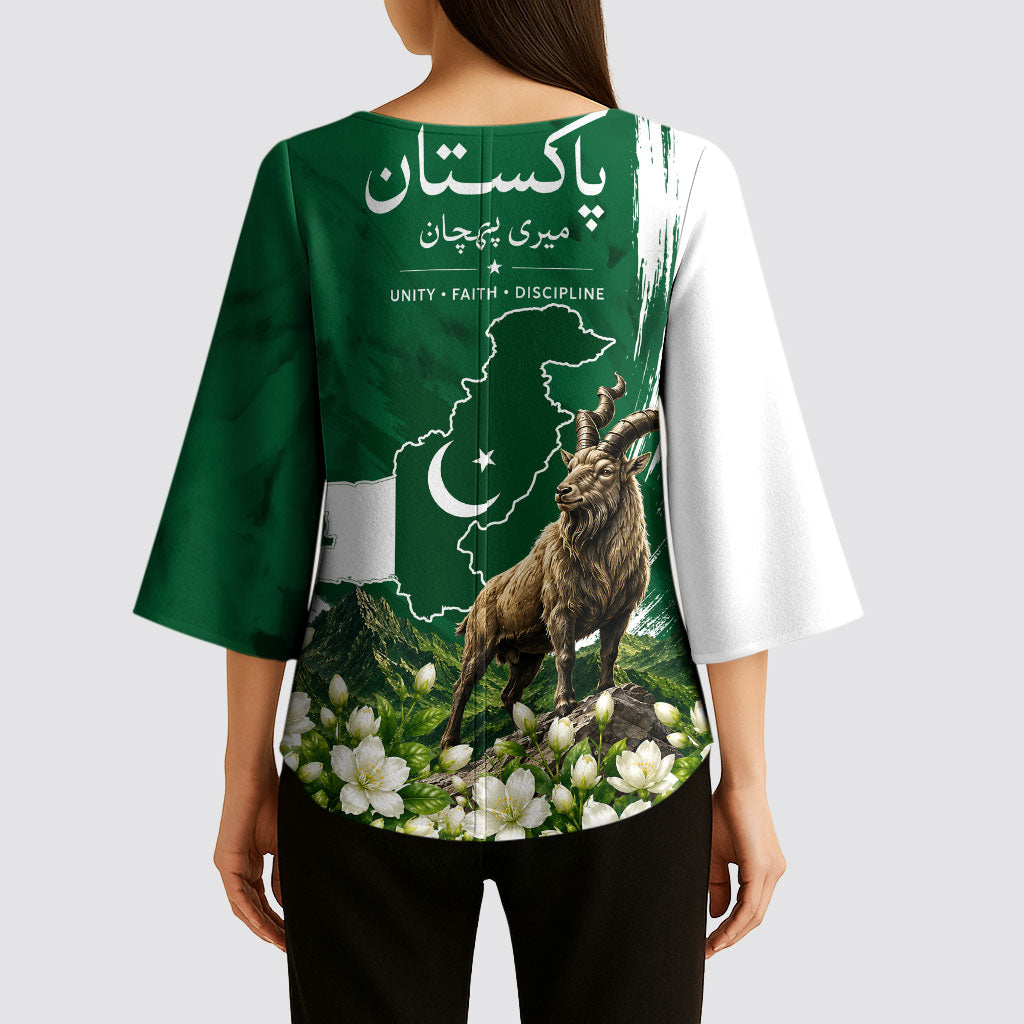 Pakistan Independence Day August 14 Kimono Sleeve Blouse Patriotic Markhor Heritage Landmarks And Jasmine