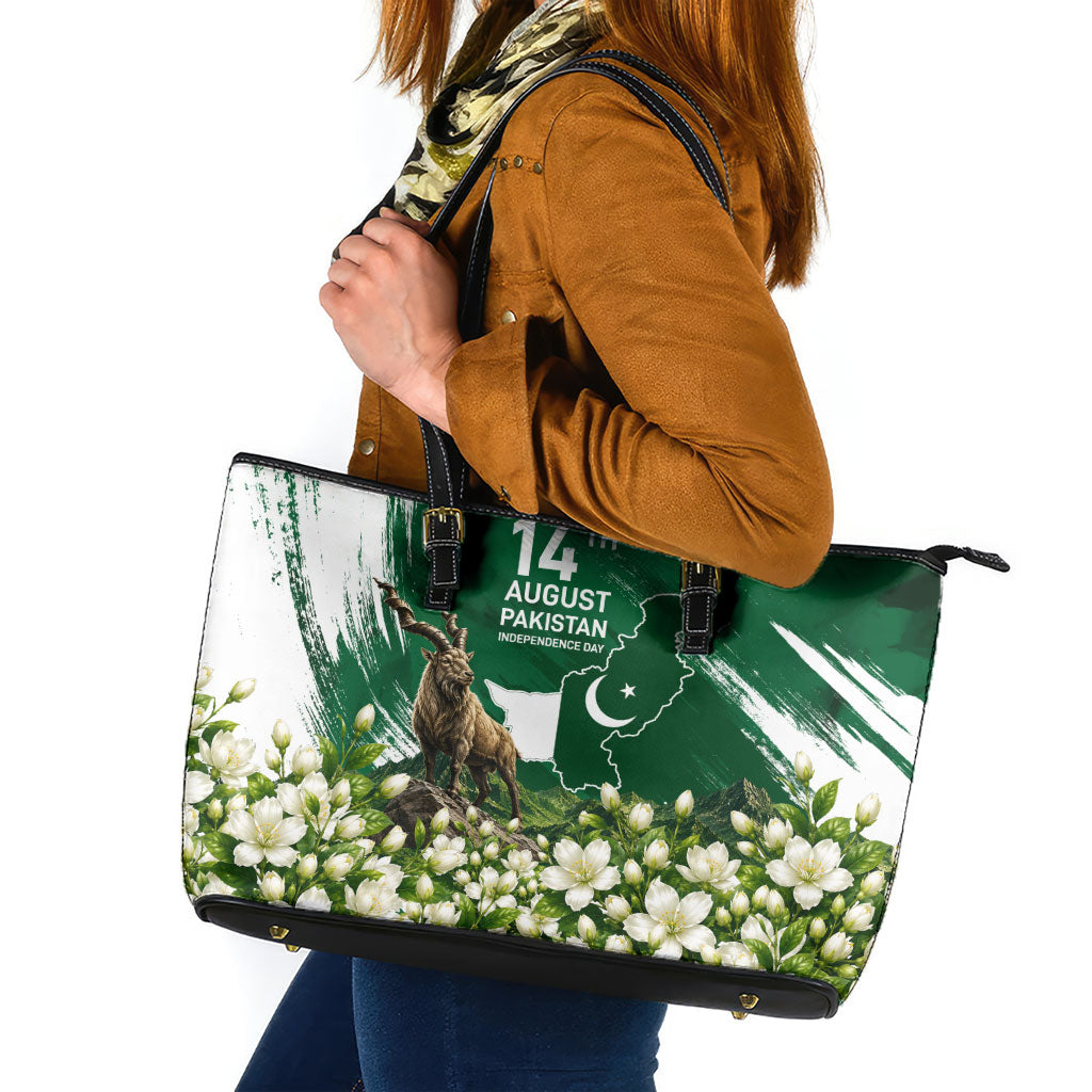 Pakistan Independence Day August 14 Leather Tote Bag Patriotic Markhor Heritage Landmarks And Jasmine