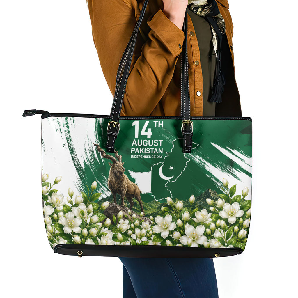 Pakistan Independence Day August 14 Leather Tote Bag Patriotic Markhor Heritage Landmarks And Jasmine