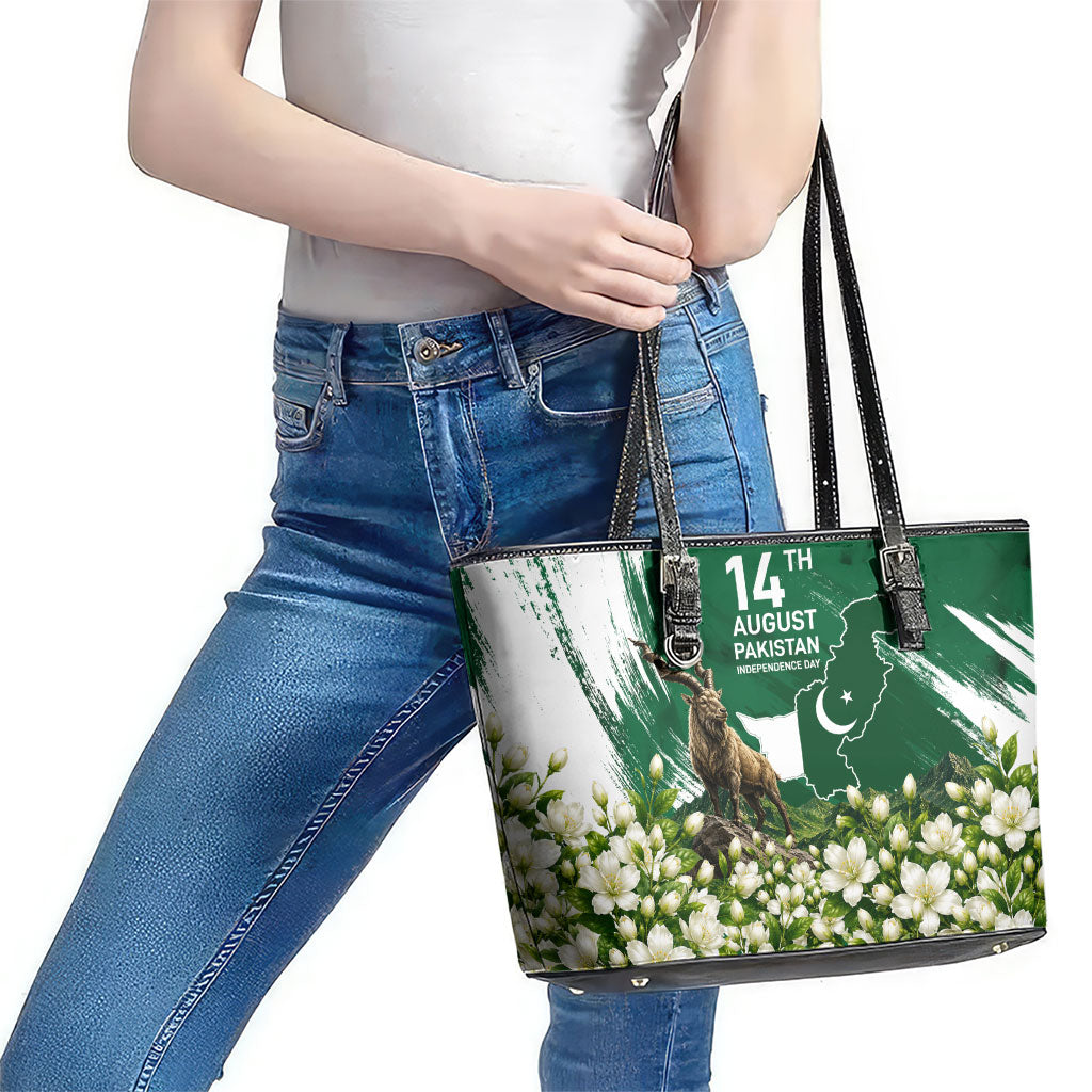 Pakistan Independence Day August 14 Leather Tote Bag Patriotic Markhor Heritage Landmarks And Jasmine