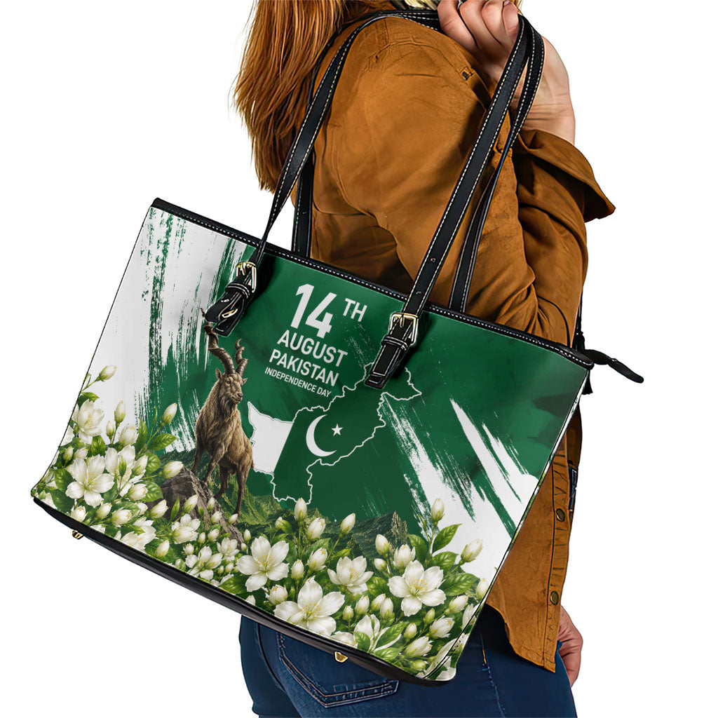Pakistan Independence Day August 14 Leather Tote Bag Patriotic Markhor Heritage Landmarks And Jasmine