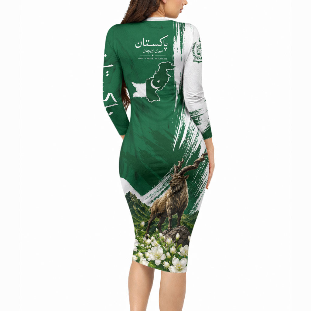 Pakistan Independence Day August 14 Long Sleeve Bodycon Dress Patriotic Markhor Heritage Landmarks And Jasmine