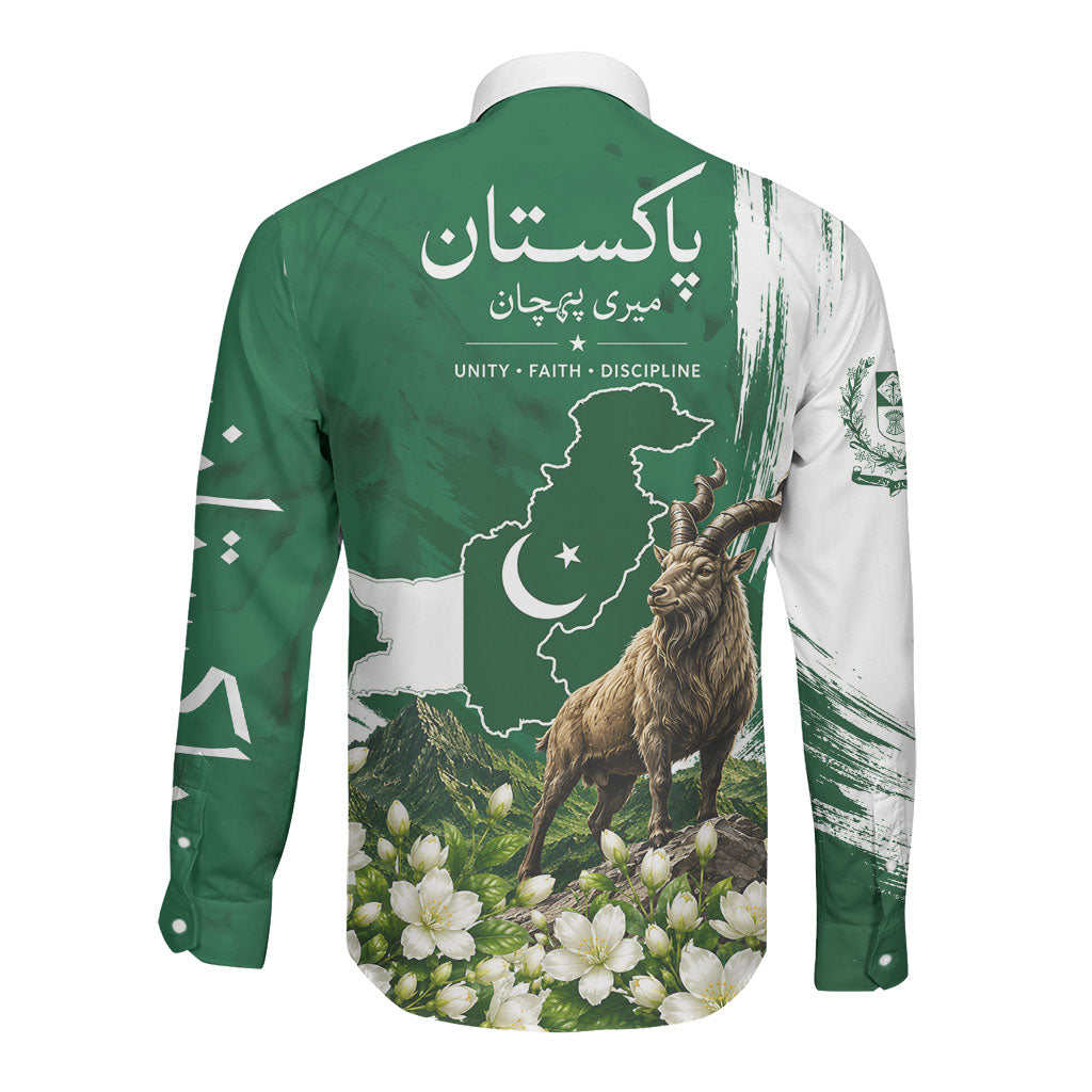 Pakistan Independence Day August 14 Long Sleeve Button Shirt Patriotic Markhor Heritage Landmarks And Jasmine