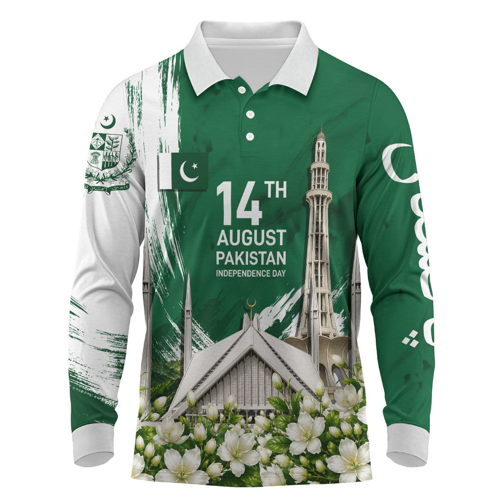 Pakistan Independence Day August 14 Long Sleeve Polo Shirt Patriotic Markhor Heritage Landmarks And Jasmine
