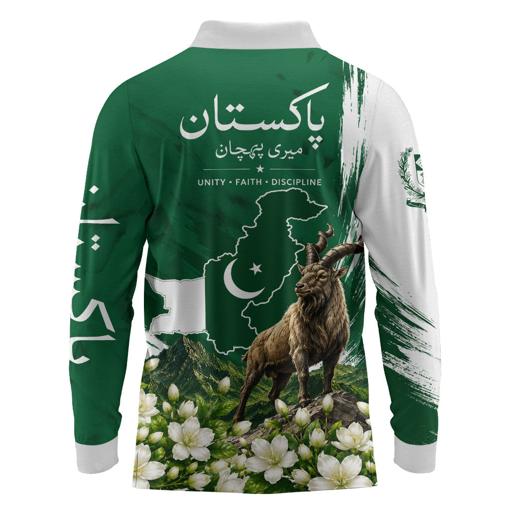 Pakistan Independence Day August 14 Long Sleeve Polo Shirt Patriotic Markhor Heritage Landmarks And Jasmine