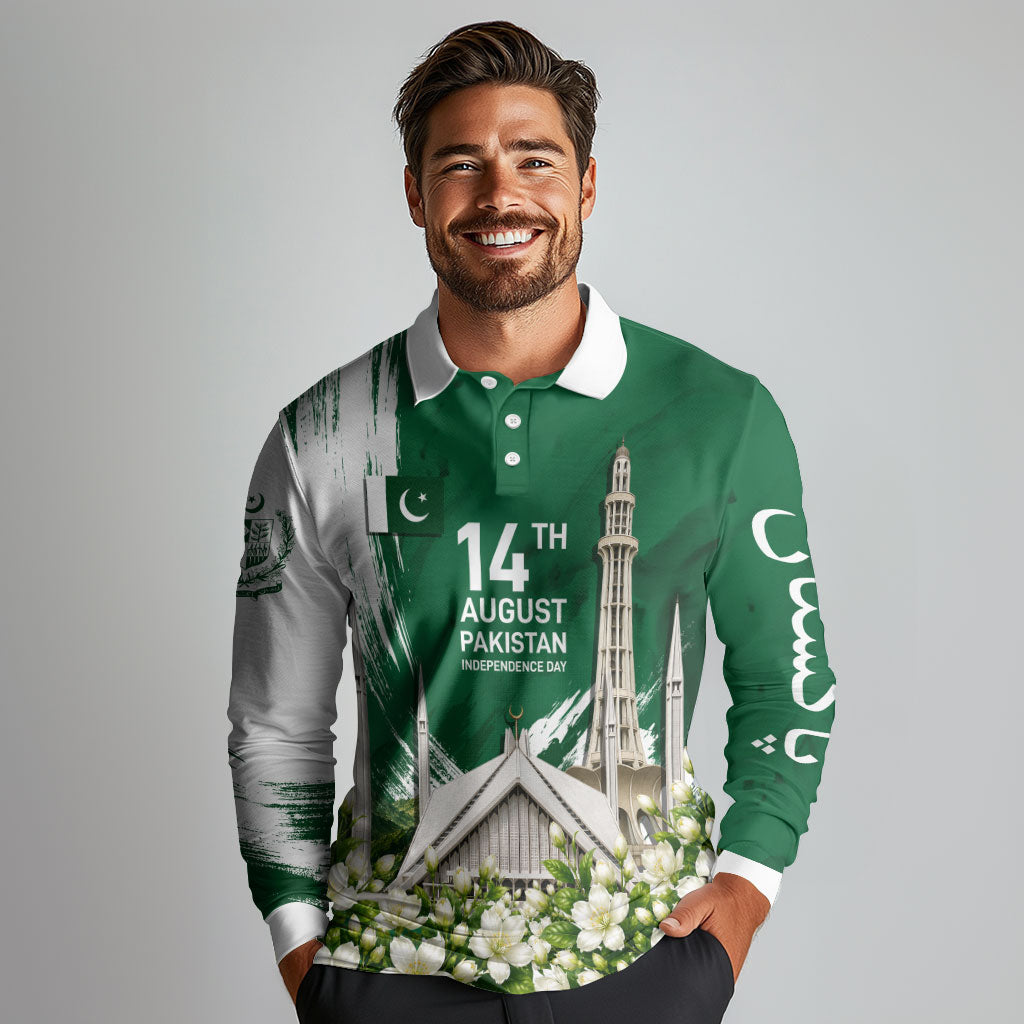 Pakistan Independence Day August 14 Long Sleeve Polo Shirt Patriotic Markhor Heritage Landmarks And Jasmine