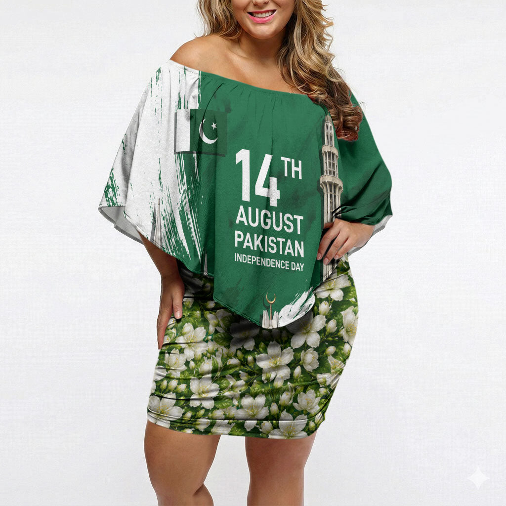 Pakistan Independence Day August 14 Off Shoulder Short Dress Patriotic Markhor Heritage Landmarks And Jasmine