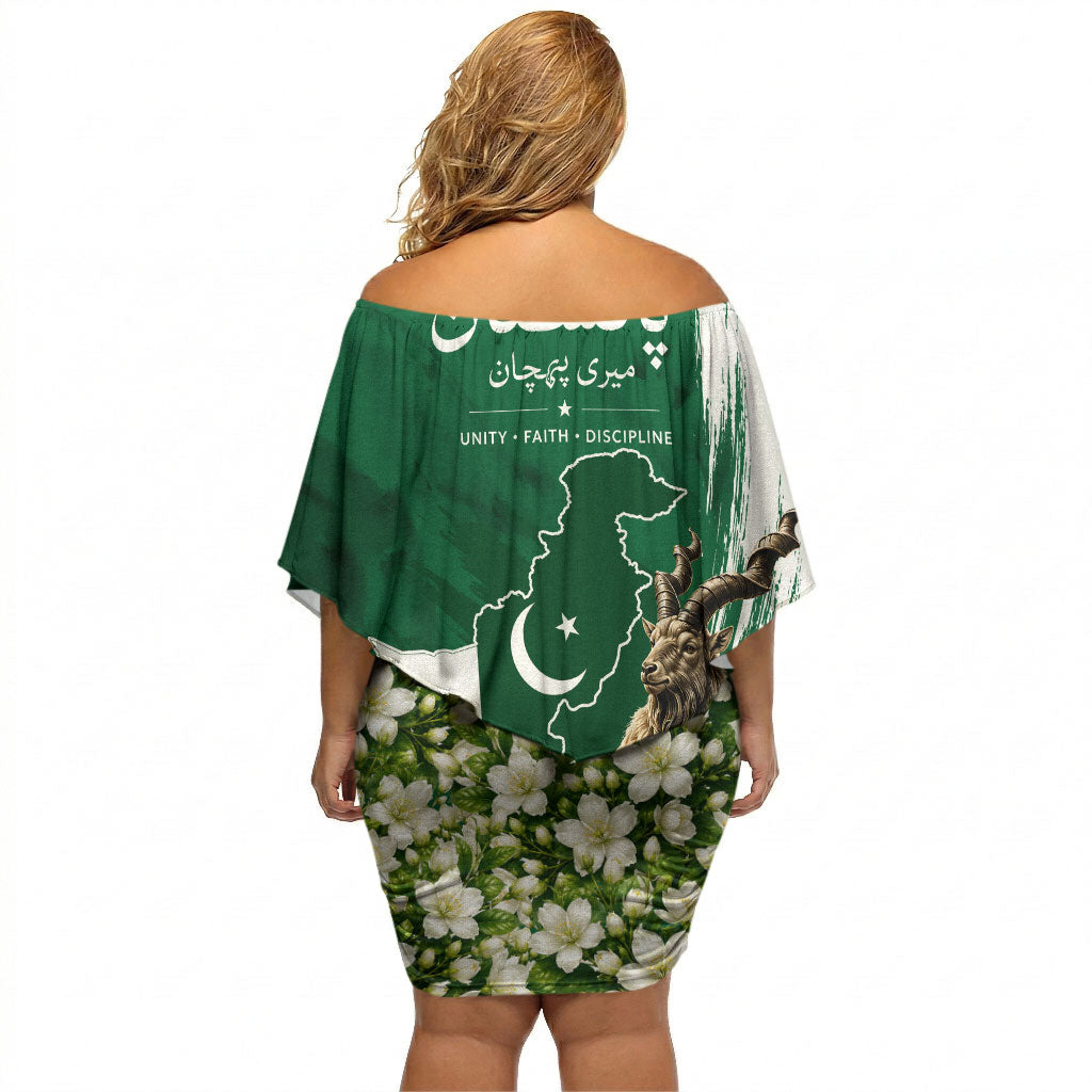 Pakistan Independence Day August 14 Off Shoulder Short Dress Patriotic Markhor Heritage Landmarks And Jasmine