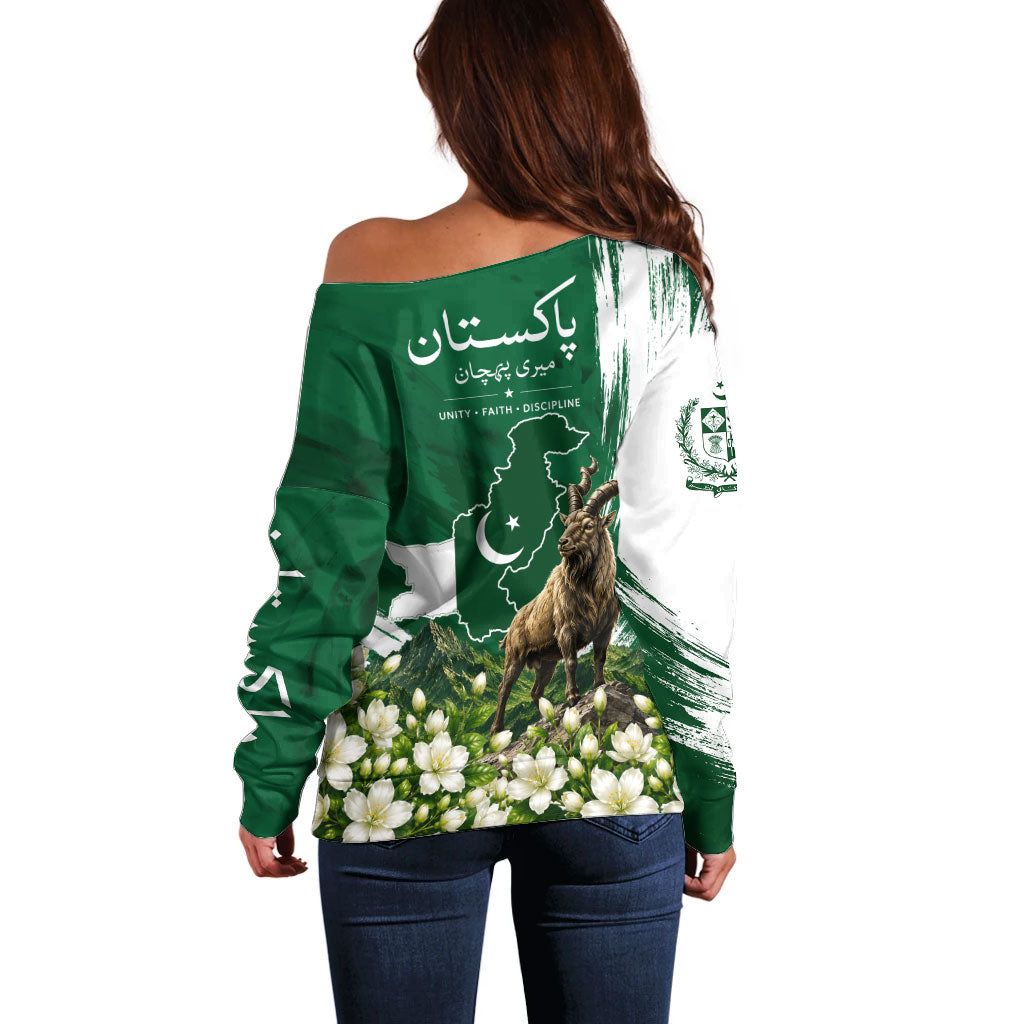 Pakistan Independence Day August 14 Off Shoulder Sweater Patriotic Markhor Heritage Landmarks And Jasmine