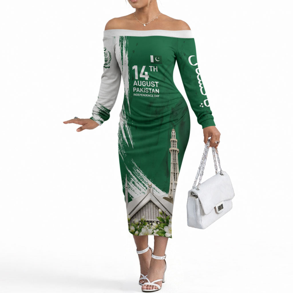 Pakistan Independence Day August 14 Off The Shoulder Long Sleeve Dress Patriotic Markhor Heritage Landmarks And Jasmine