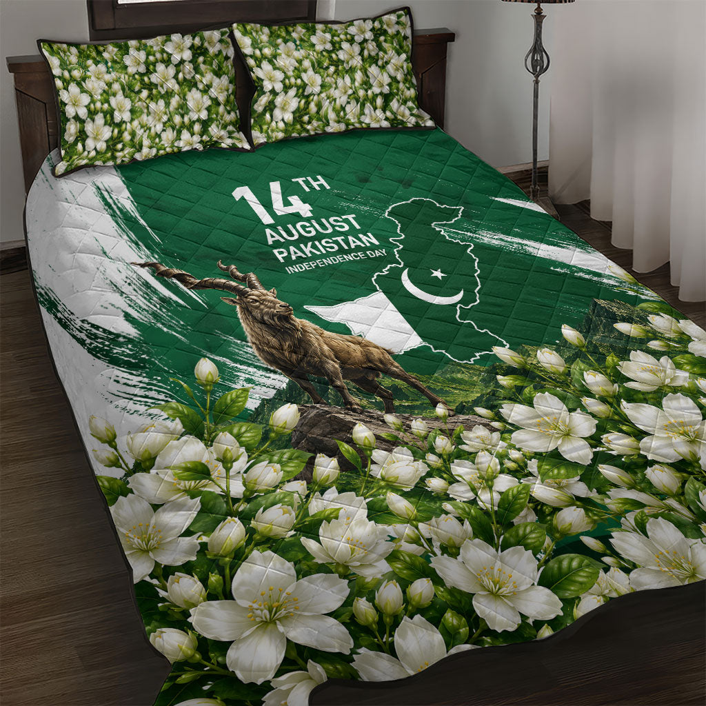 Pakistan Independence Day August 14 Quilt Bed Set Patriotic Markhor Heritage Landmarks And Jasmine