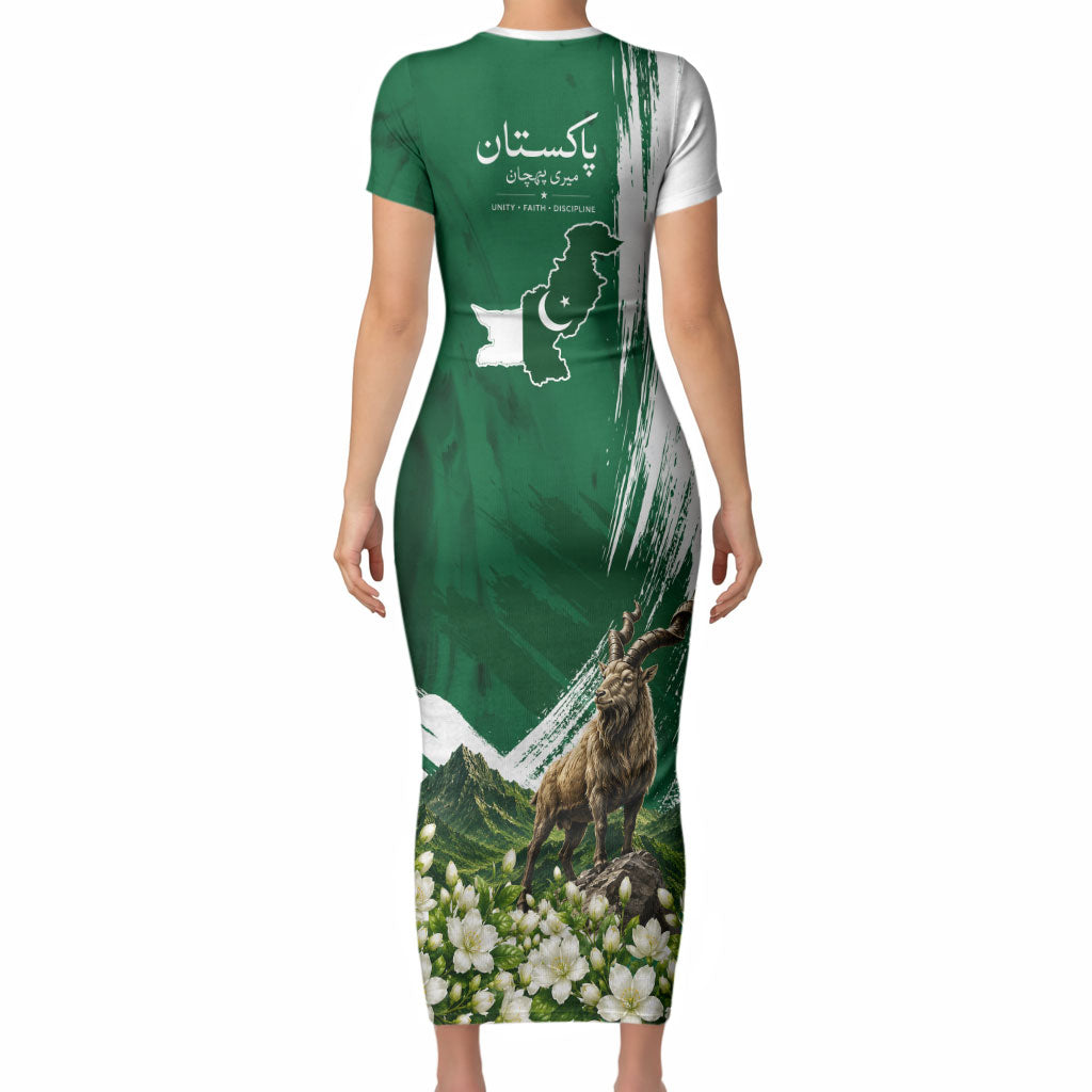 Pakistan Independence Day August 14 Short Sleeve Bodycon Dress Patriotic Markhor Heritage Landmarks And Jasmine