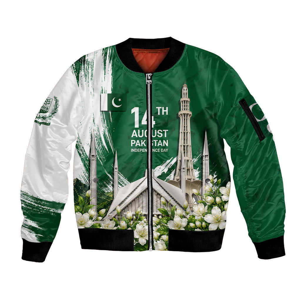 Pakistan Independence Day August 14 Sleeve Zip Bomber Jacket Patriotic Markhor Heritage Landmarks And Jasmine